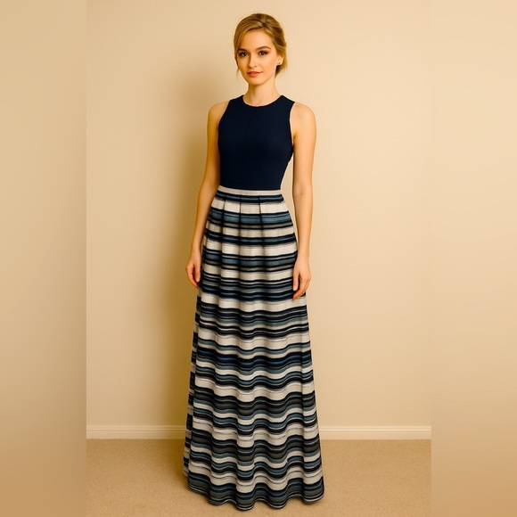 Theia Navy & White Nautical Stripe Jacquard Taffeta Full Skirt Formal Gown 4 - Picture 1 of 14
